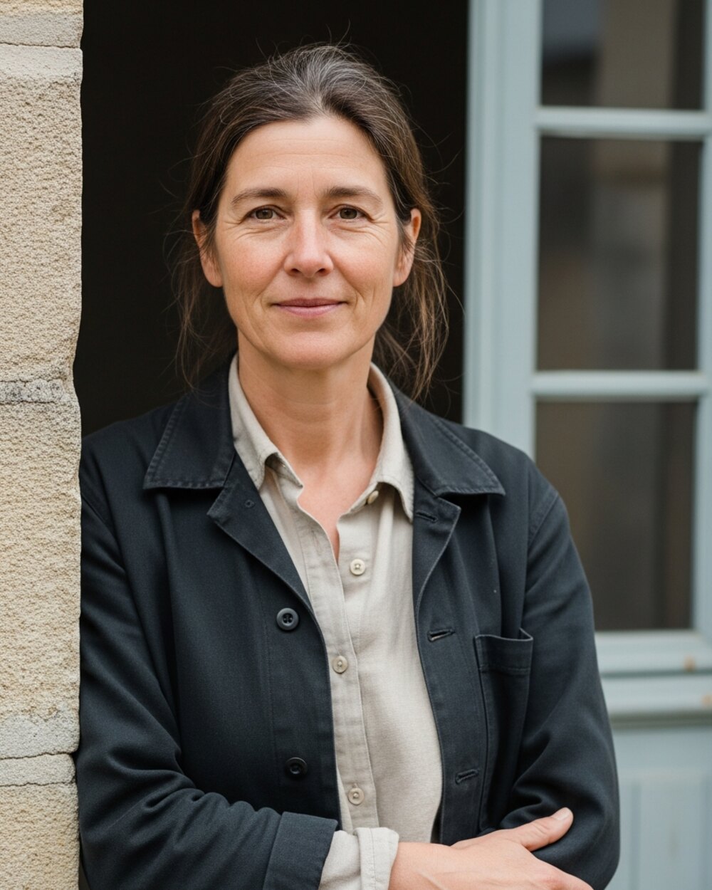 Hélène Vasseur, éleveuse, portrait dans la cour de la ferme